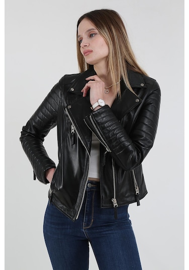 Derinss 1515 Hakiki Deri Kadın Siyah Mont