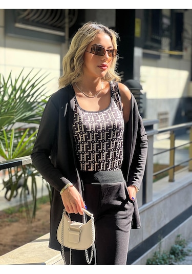 Modasize Kadın Uzun Kollukrep Üçlü Takım Siyah