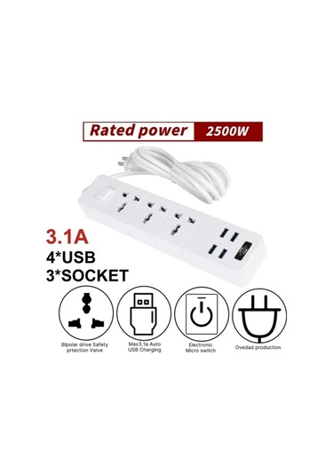 Aubyhe 7'li Akıllı Güç Çizgisi: 3 Ac Prizi + 4 Usb Port 5v/3.1a , Aşırı Akım/kısa Devre Koruma, 1.8m Uzun Kablolu, Ev/ofis/seyahat İçin