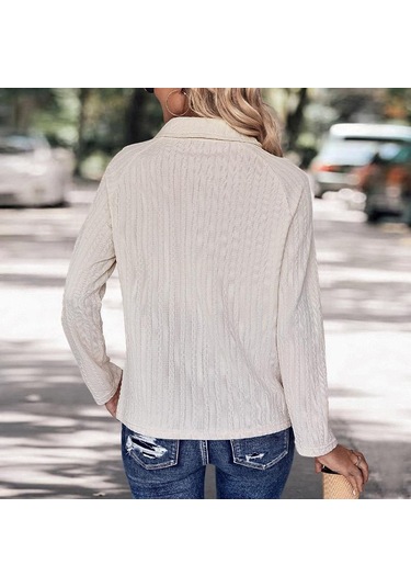 İlkbahar Ve Sonbahar Kadın Bluz Yaka Düz Renk Rahat Günlük Uzun Kollu Örgü Üst Bej