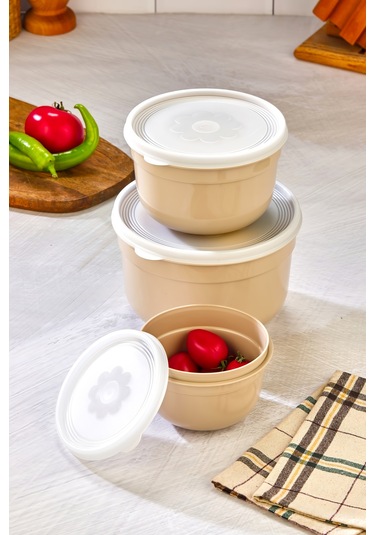 3'lü Hava Geçirmez Saklama Kabı - Krem Krem