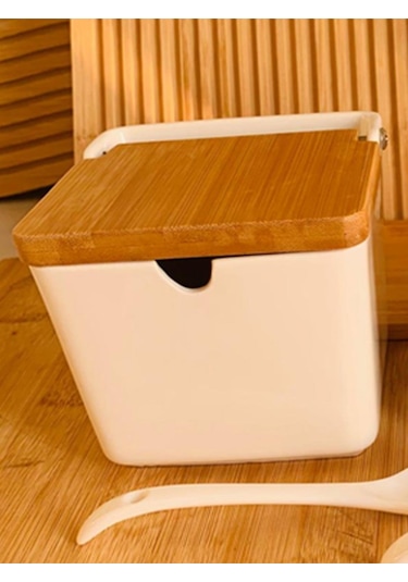 Morponi 2'li Bambu Standlı Bambu Kapaklı Porselen Kaşıklı Tuzluk Biberlik 260 Ml Gnl Ahşap