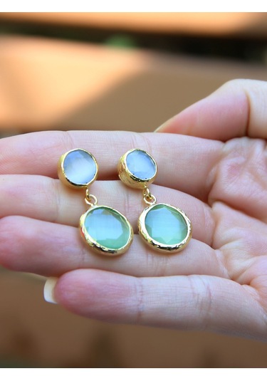 İkili Yuvarlak Modelli Kedigözü Cam Gold Kaplamalı Kadın Küpe Euku25by Yeşil