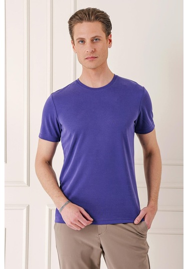 Slim Fit Bisiklet Yaka Pamuklu Mor Tişört Ts 880 Mor