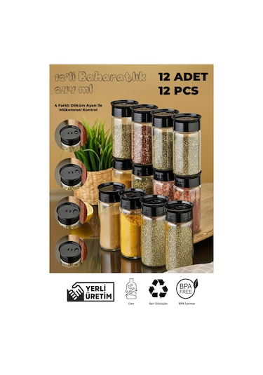 12'li Cam Baharatlık Seti - Siyah Siyah