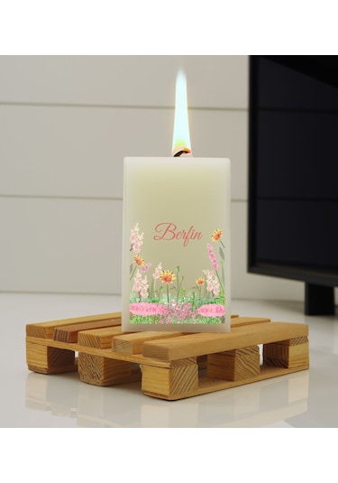 Bk Gift Kişiye Özel İsimli Çiçek Tasarımlı Dtf Dikdörtgen Blok Mum-11, Sevgiliye Hediye, Arkadaşa Hediye, Doğum Günü Hediyesi, Ev Hediyesi