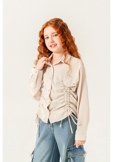 Kız Çocuk Önü Tünelli Cebi Zincirli Gömlek 3147 Bej