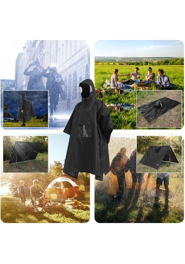 Tomshoo Çok Fonksiyonlu Hafif Su Geçirmez Kapşonlu Yağmur Panço Siyah