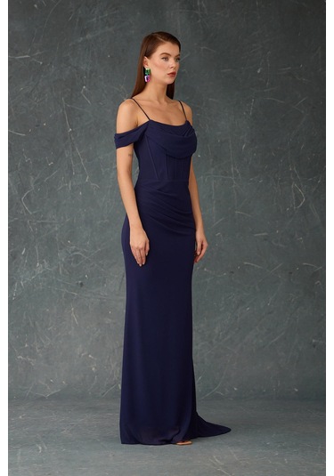 Carmen Kadın Askılı Uzun Şifon Abiye Elbise 58464 Lacivert Lacivert