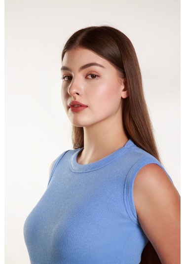 Kadın Bebe Mavisi Fitilli Likralı Sıfır Kol Bisiklet Yaka Örme Atlet Tshirt Bluz Bebe Mavi