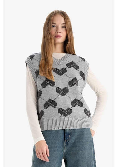 Defacto Coool Regular Fit V Yaka Desenli Süveter F9541ax25augr256 Gri