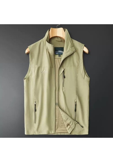 Büyük Beden Erkek İlkbahar Yaz İnce Yelek Kolsuz Ceket Dik Yaka Yelek Günlük Yelek Haki