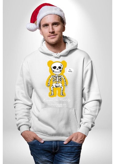 Mutlu Ol Kadın Erkek Beyaz Kapüşonlu Sweatshirt Hoodie Beyaz