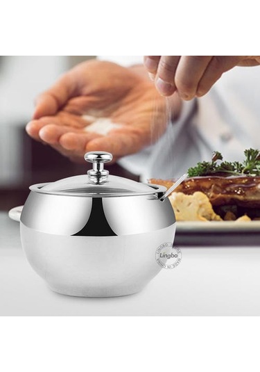 304 Paslanmaz Çelik Şeker Kasesi Ile Kapaklı Ve Kaşık Ev Ve Mutfak, Depolama Konteyner Baharim Şeker Baharat Kavanoz Şeker Ve Amp Krema Tencere Ahşap