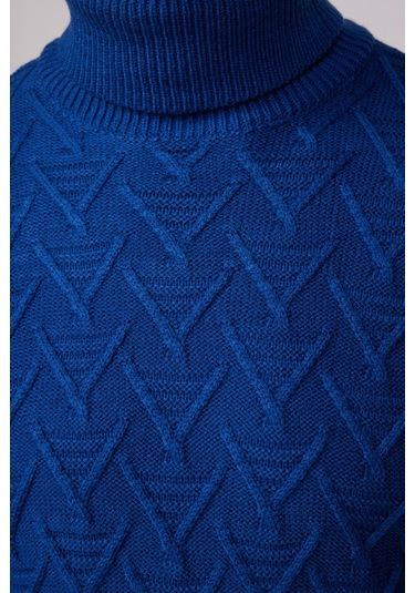 Slim Fit Dar Kesim Tam Balıkçı Yaka Desenli Lacivert Erkek Triko Kazak-28664 Lacivert