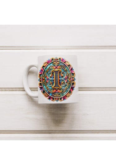 I Harfi Boho Bardak, Renkli Özel Tasarım Hediyelik Harfli Kupa, 330ml Porselen Beyaz