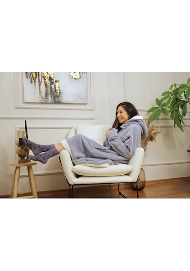 Rokeff Wellsoft Tek Kişilik Giyilebilir Battaniye Gri Beyaz Bantlı L/xl