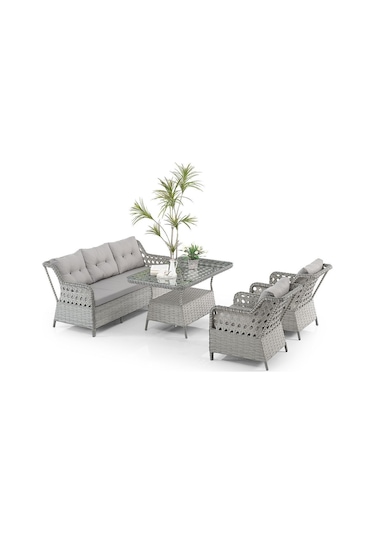 Deniz Rattan Puflu Bahçe Balkon Takımı 3+1+1 Gri