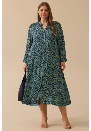 Galaxi Kadın Büyük Beden Düğmeli Çiçek Desenli Uzun Elbise 4001 Yeşil Yeşil