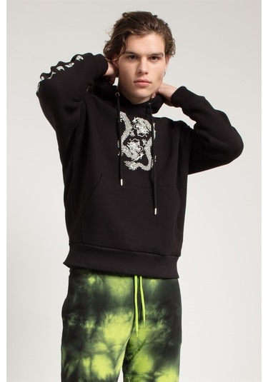 Jahr Marc Dragon Baskılı Siyah Oversize Erkek Sweatshirt Siyah