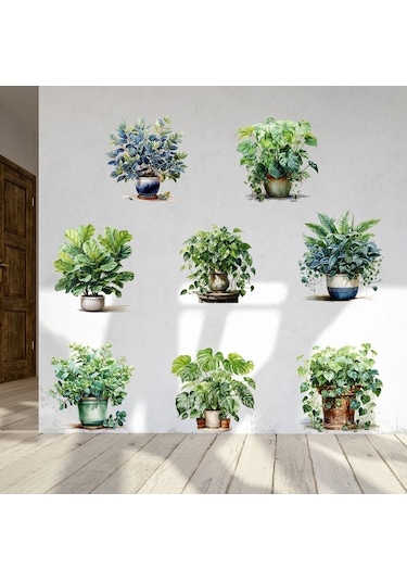 Saksılı Çiçek Tasarımlı 8li Sticker 5060 Çok Renkli