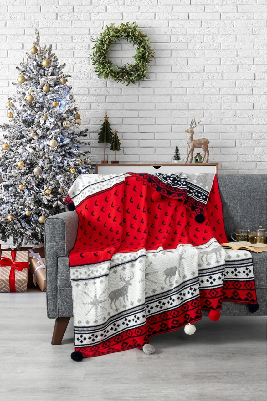 Geyikli Ponponlu Triko Örme Tv Battaniyesi Yılbaşı Hediyesi-130x170 Cm-lacivert Lacıvert Lacivert