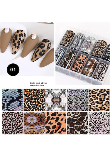Yılan Leopar Desenli Tırnak Folyoları, Hayvan Baskı, Transfer Etiketi, Slayt Çıkartmaları, Tırnak Sanat Aksesuarları, 10 Adet Altın