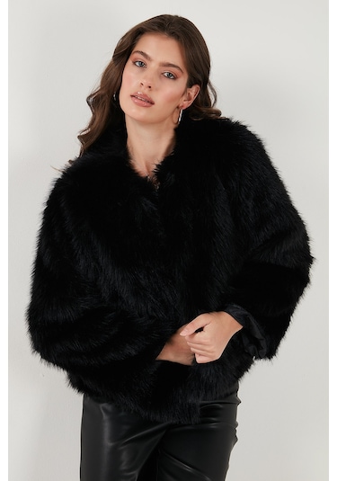 Lela Oversize Fit Yuvarlak Yaka Astarlı Kısa Bayan Kürk 6810266 Siyah