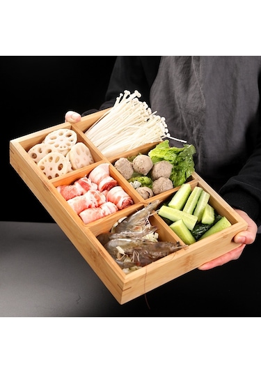 Sones Sıcak Tencere Bambu Tabak Bölmeli Tepsi Sebze Ahşap Tepsi Seti Küçük Dokuz Izgara Tabak