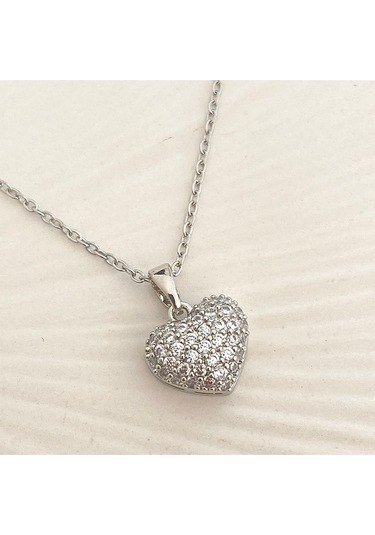 Kalp Kolye Full Zirkon Taşlı Kalp Kadın Kolye 45cm Silver