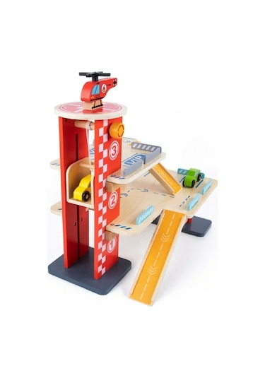 Ahşap Otopark Arabalar Asansörlü Helikopterli Garaj Oyun Seti