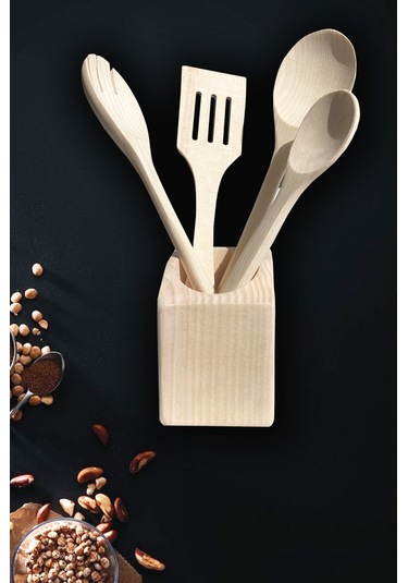 Standlı Ahşap Tahta Kaşık Servis Sunum Ahşap Doğal Ağaç 5 Parça