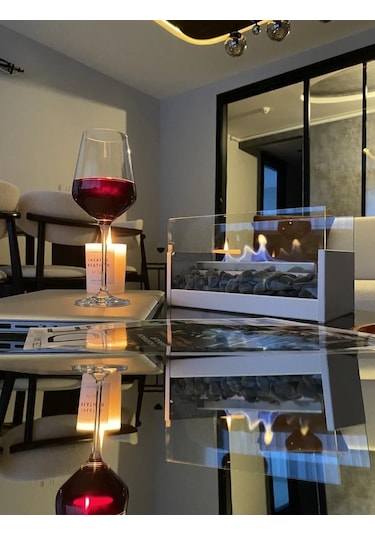 Masa Üstü Şömine Metal Beyaz - Taşlı Yakıt Hediyeli