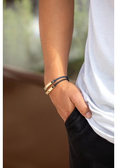 14 Ayar Altın Plaka Lacivert Kauçuk Erkek Bilekliği Lacivert