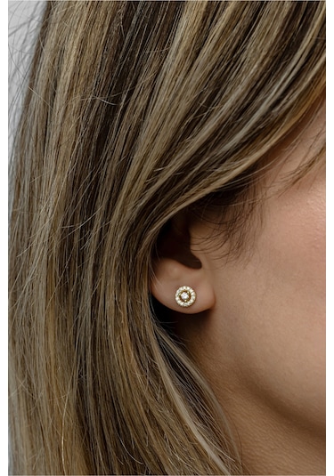 Nereze 925 Ayar Gümüş Gold Kaplama Minimal Tektaş Yuvarlak Küpe