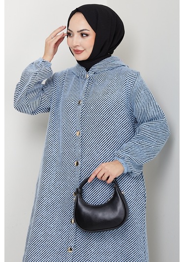 Çizgi Detay Kapüşonlu Kaşe Kap 1634 - Mavi Mavi