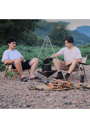 Gümüş Ayrılabilir Açık Kamp Ateşi Tripod Şenlik Ateşi Rafı Taşınabilir Alüminyum Alaşımlı Asılı Pot Standı Katlanır S Gümüş