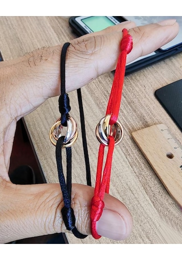 Siyah İpli Üç Renkli Halkalı Gümüş Bileklik