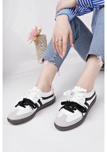 Muggo Retro Çift Bağcıklı Günlük Kadın Sneaker Spor Ayakkabı Beyaz - Siyah Muggo Retro Çift Bağcıklı Günlük Kadın Sneaker Spor Ayakkabı Beyaz - Siyah