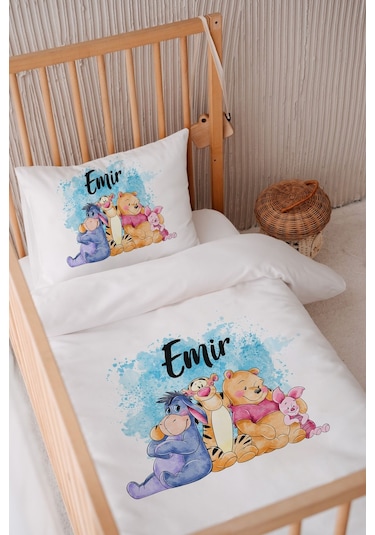 %100 Pamuk Saten Isme Özel Isimli 100x150 Bebek Yatak Nevresim Seti Winnie The Pooh Arkadaşlar
