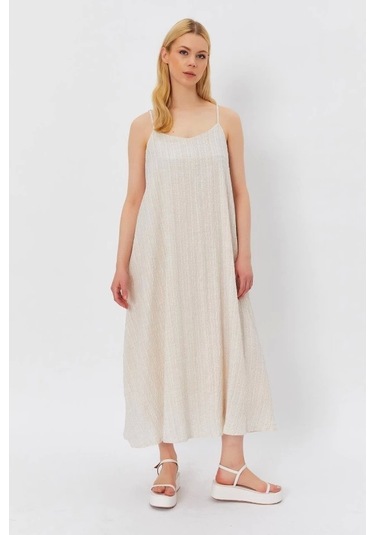 Askılı Uzun Çan Elbise - Natür Natür