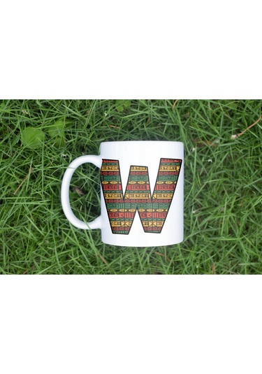 W Harfi Etnik Desenli Kupa - Afrika Tarzı Kahve Çay Kupası - Hediyelik - Black History Beyaz