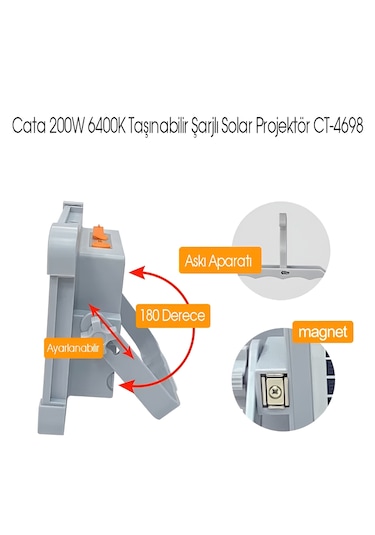 Cata Ct-4698 Solar Projektör 200w Şarjlı Led Projektör Ip65 3 Renk Modlu Dimmerli Işık