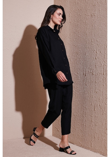 Lela Keten Karışımlı Regular Fit Lastikli Bel Uzun Kollu Alt Üst Bayan Takım 6696622 Siyah