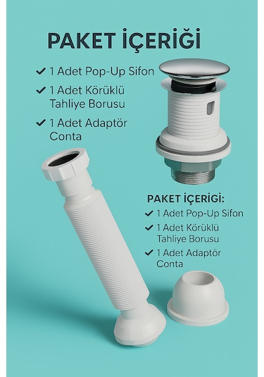 Pop-up Lavabo Sifon Seti Taşmalı Uyumlu, Körüklü Tahliye Ve Ada