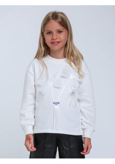 Kız Çocuk Kabartma Çiçek Desenli Sweatshirt-14320 Beyaz