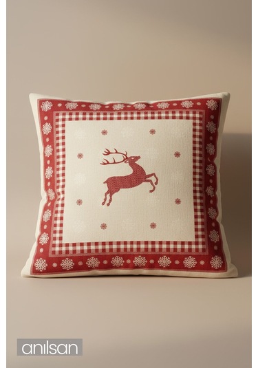 2adet Geyik Desenli Çift Taraflı Kırlent Kılıfı - 45x45 Cm Yılbaşı Dekoratif Kırmızı - Beyaz
