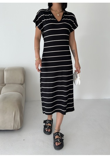Kadın Pamuklu Polo Yaka Çizgili Elbise Siyah