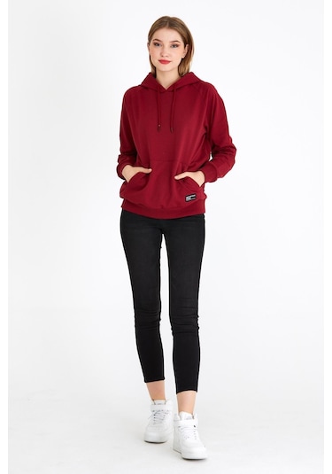 Comeor Kadın Bordo Basic Kapüşonlu Regular Fit Rahat Sweatshirt 001