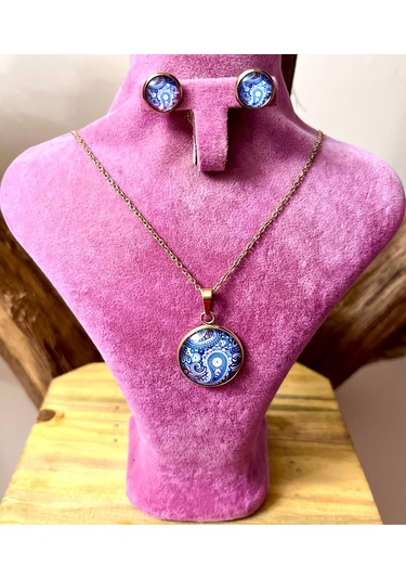 316l Çelik Otantik Figürlü Kolye Küpe Hediyelik Set Lacivert